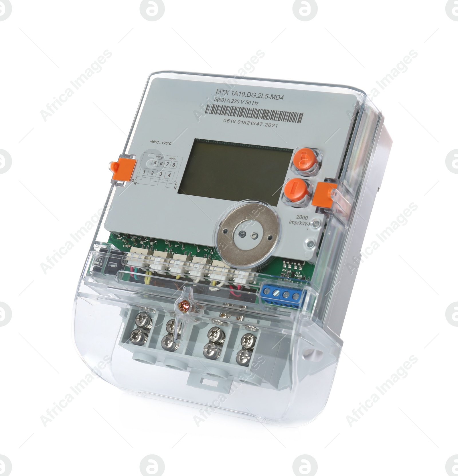 Photo of Electricity meter isolated on white background. Measuring device