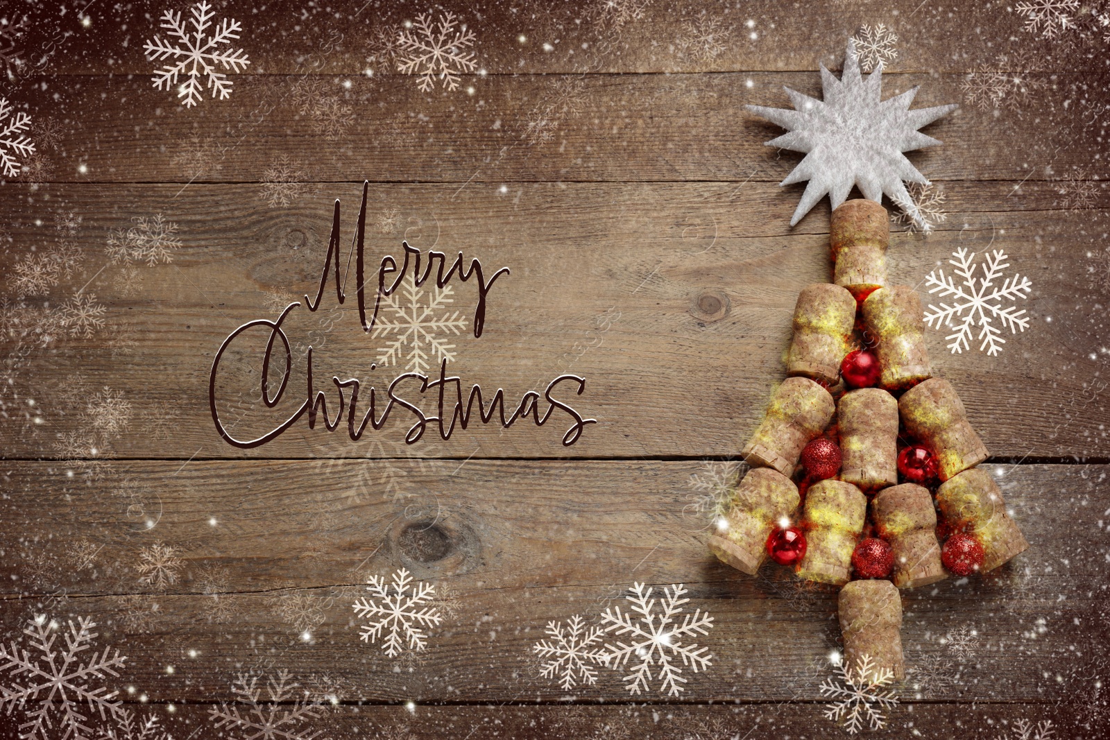 Image of Christmas tree made of wine corks and decor on wooden table, flat lay