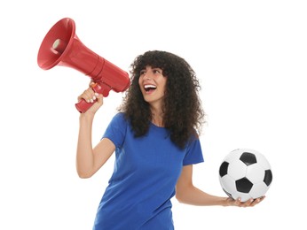 Photo of Happy fan with soccer ball using megaphone isolated on white