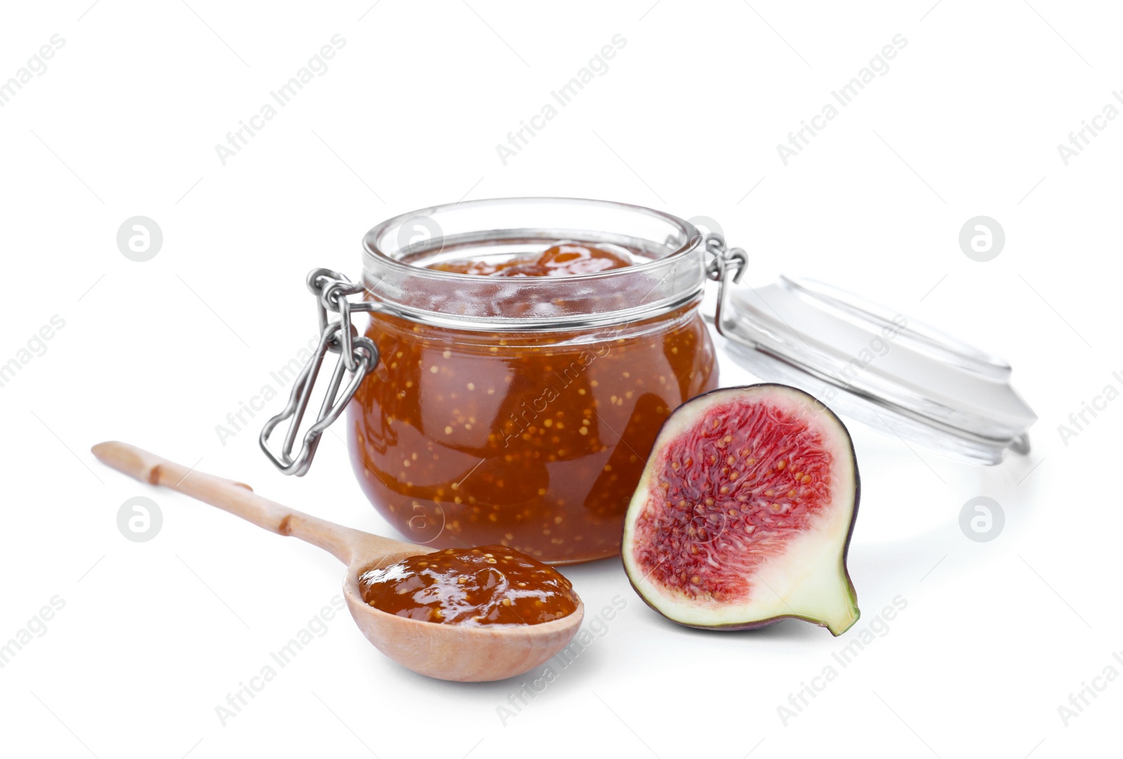 Photo of Homemade delicious fig jam and fresh fruit on white background