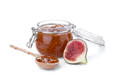 Photo of Homemade delicious fig jam and fresh fruit on white background