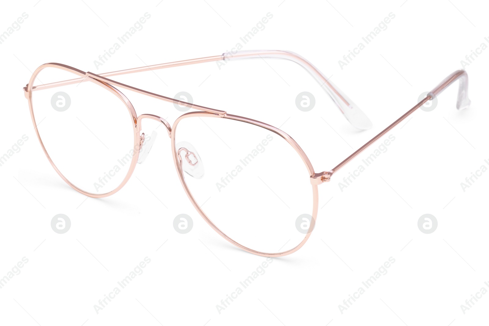 Photo of Stylish glasses with metal frame isolated on white