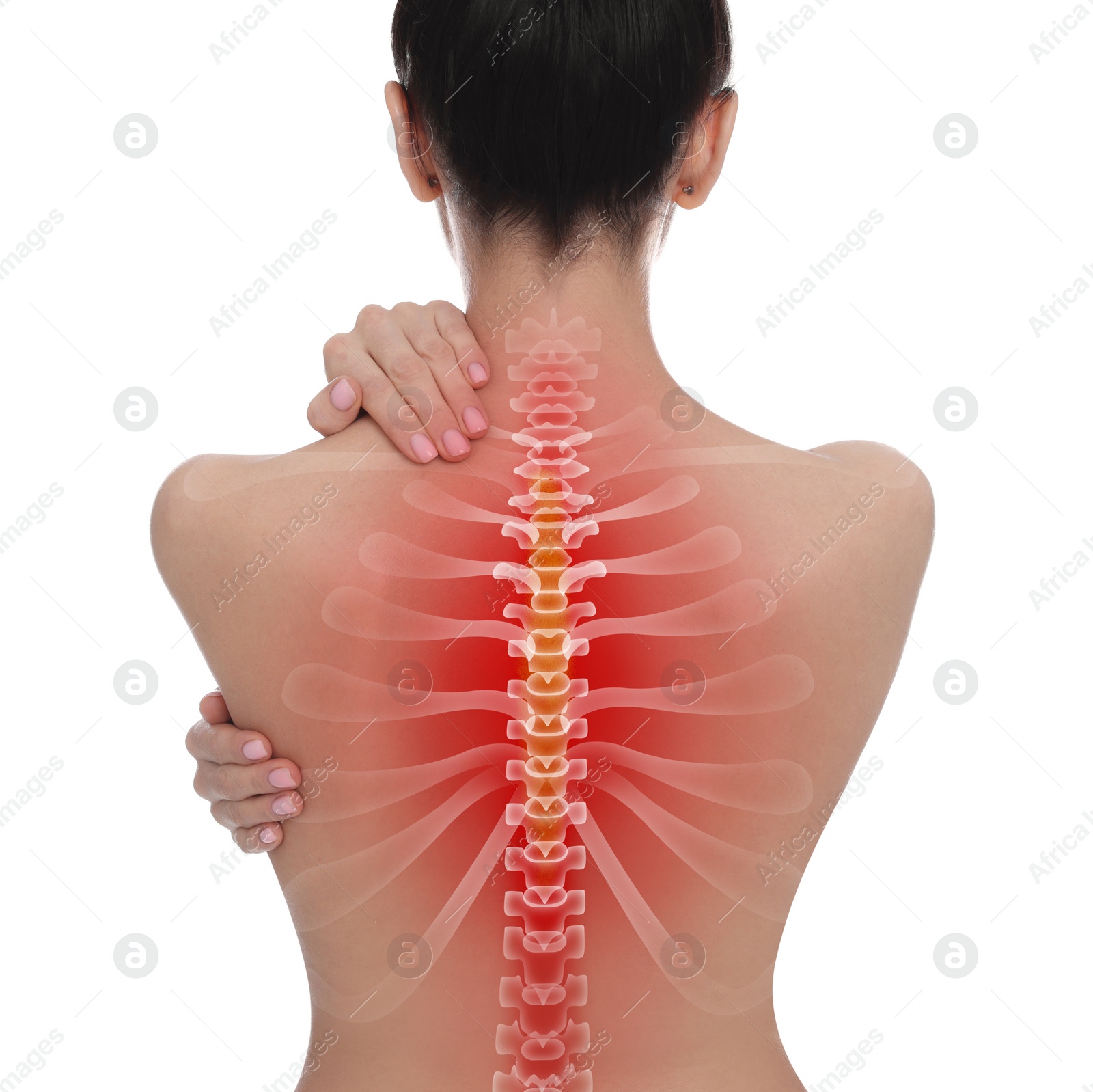 Image of Woman suffering from pain in back on white background