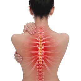 Woman suffering from pain in back on white background