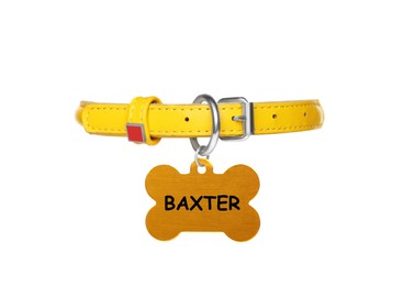 Image of Yellow leather dog collar with bone shaped tag isolated on white