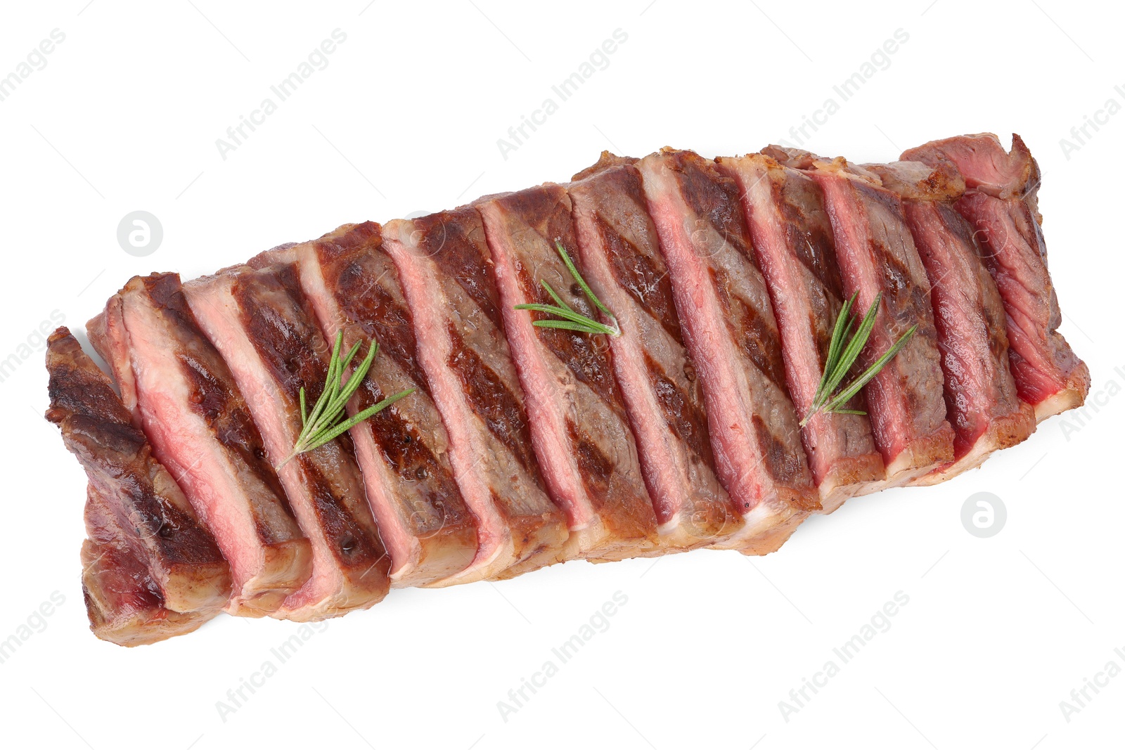 Photo of Delicious grilled beef steak with rosemary isolated on white, top view