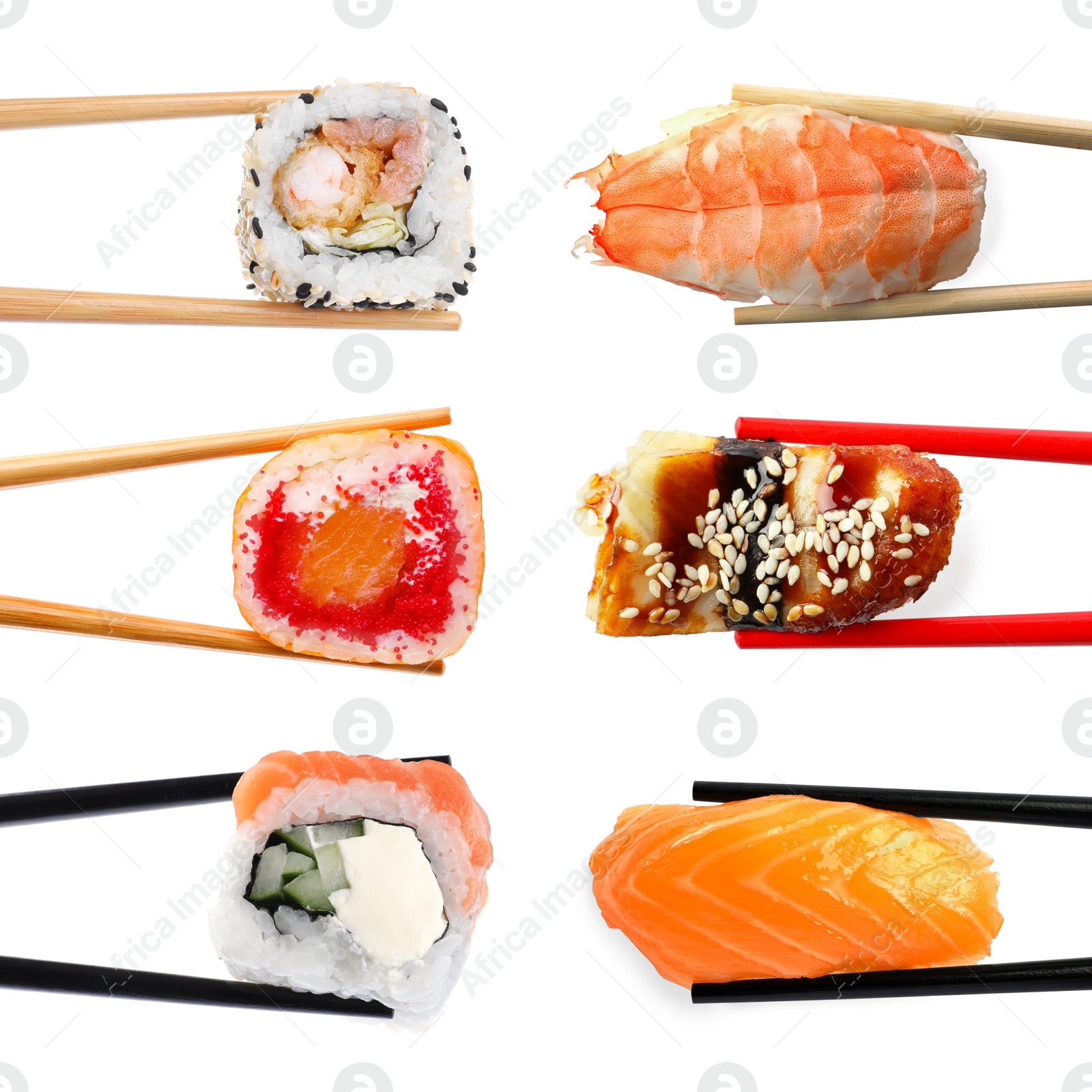 Image of Different sushi isolated on white. Chopsticks with asian food, set