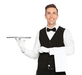 Photo of Handsome waiter with empty tray on white background