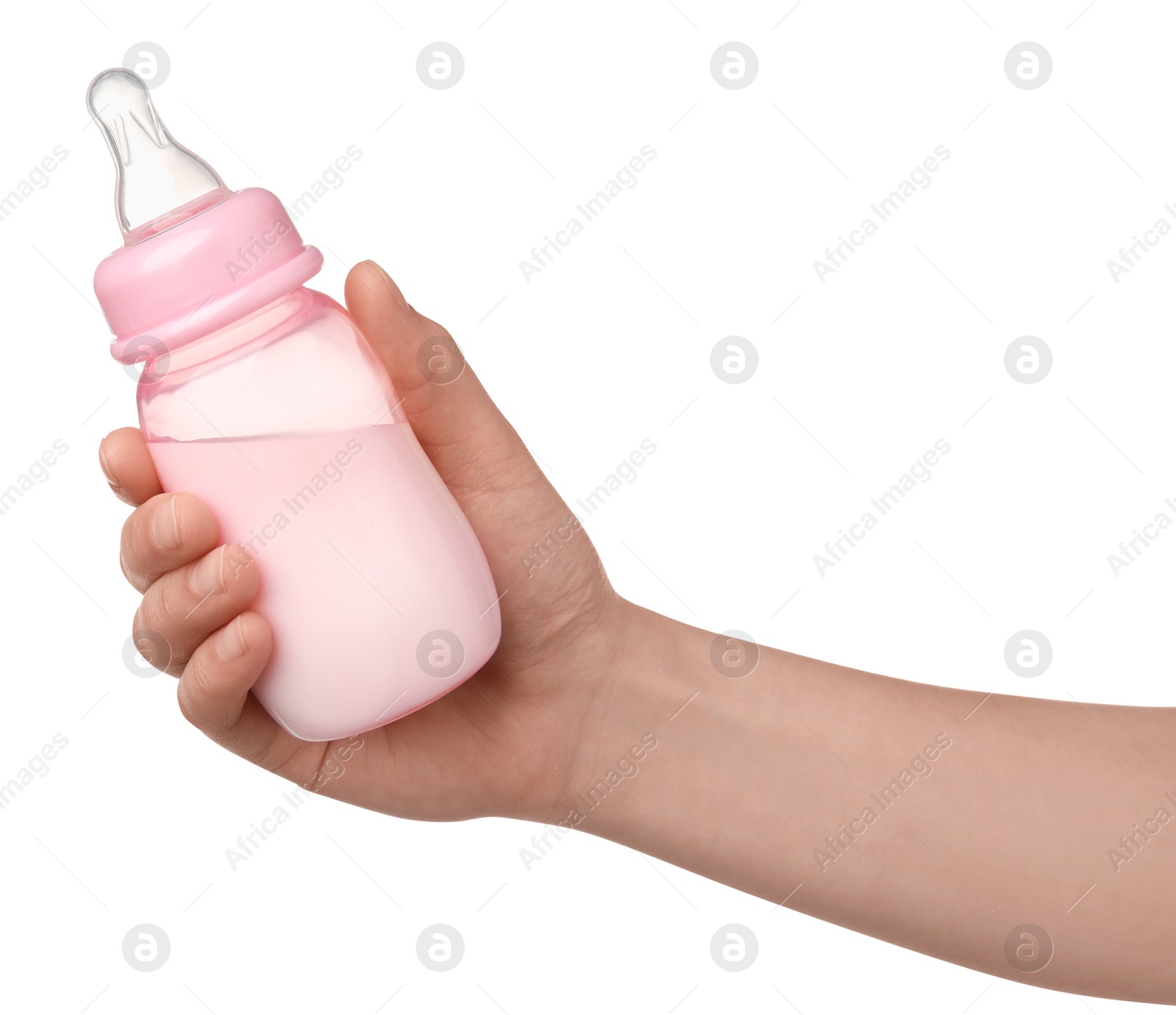 Photo of Woman holding feeding bottle with milk on white background, closeup