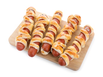Photo of Cute sausage mummies on white background. Halloween party food