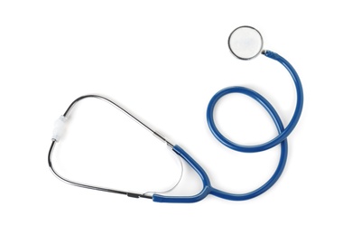 Photo of Stethoscope on white background, top view. Medical device