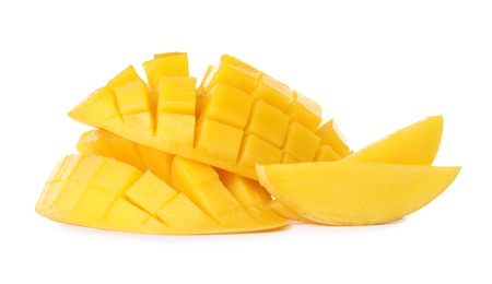 Photo of Fresh juicy mango on white background. Tropical fruit