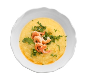 Photo of Plate with fresh tasty shrimp and grits on white background