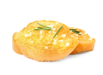 Photo of Slices of tasty garlic bread with herbs isolated on white