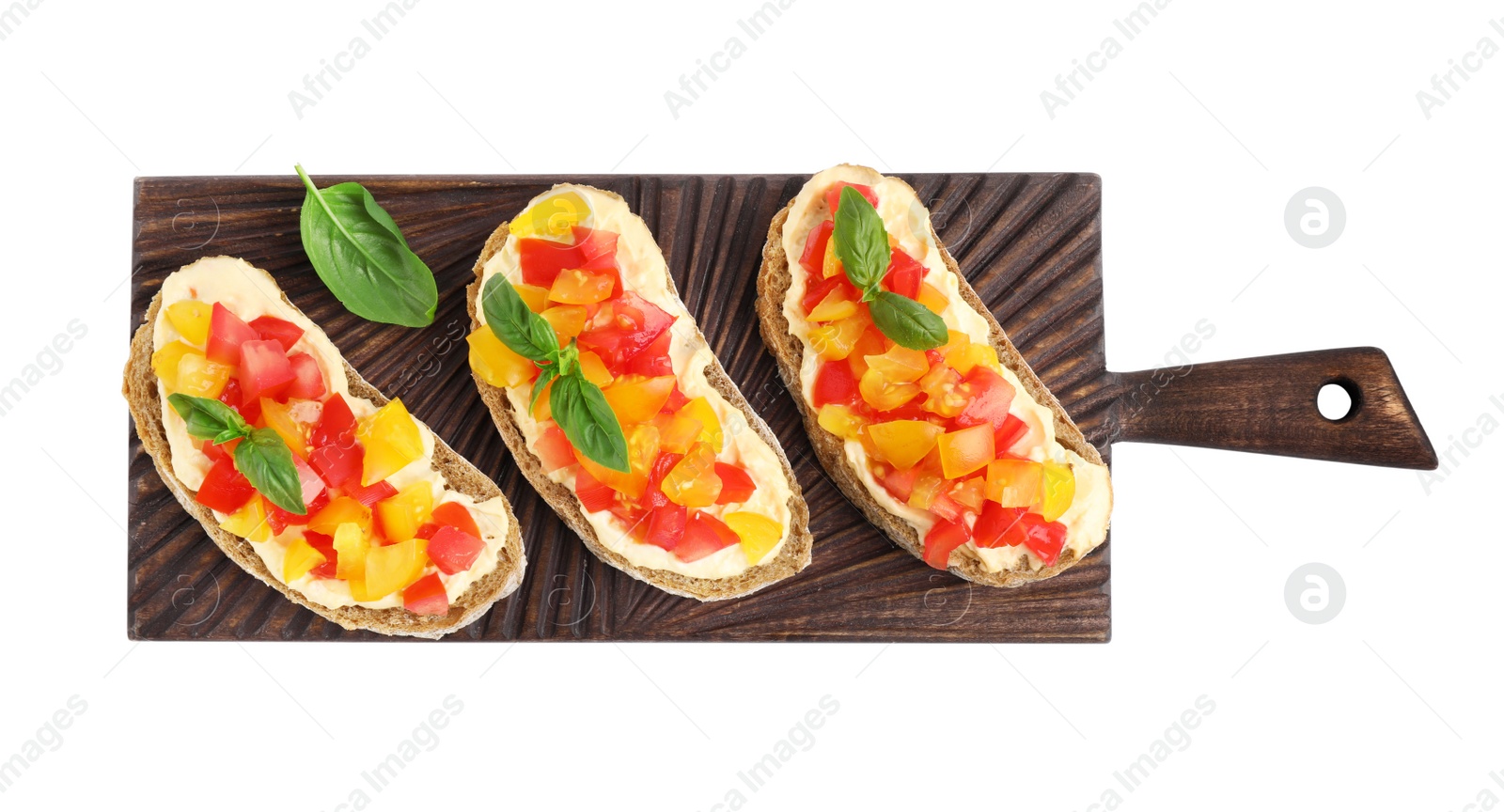 Photo of Tasty fresh tomato bruschettas on white background, top view