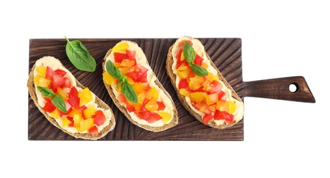 Tasty fresh tomato bruschettas on white background, top view