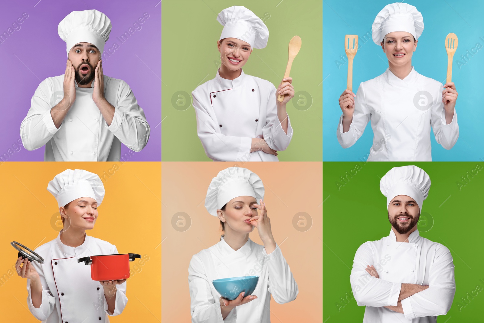 Image of Collage with photos of professional chefs on different color backgrounds