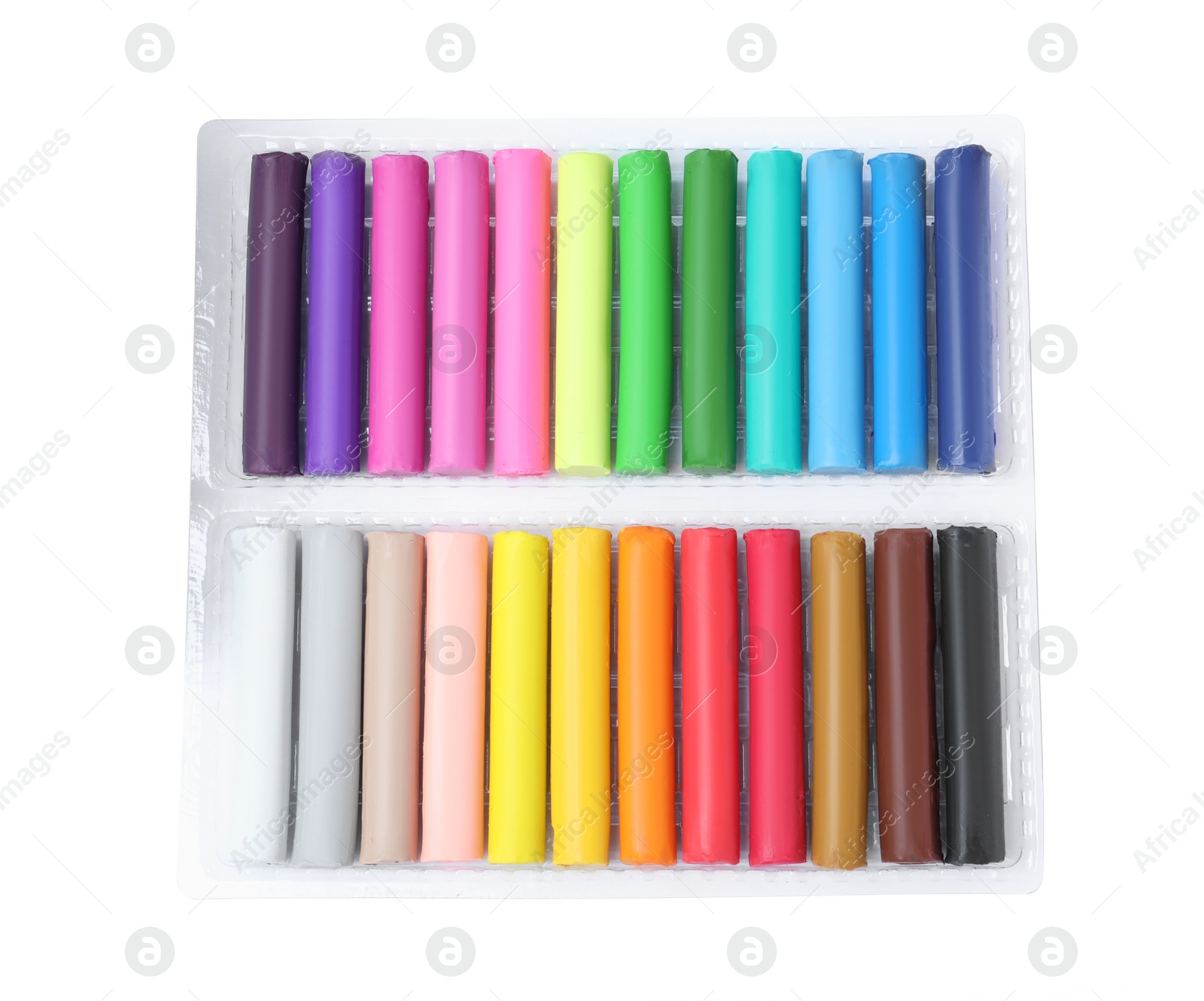 Photo of Many different colorful plasticine pieces on white background, top view