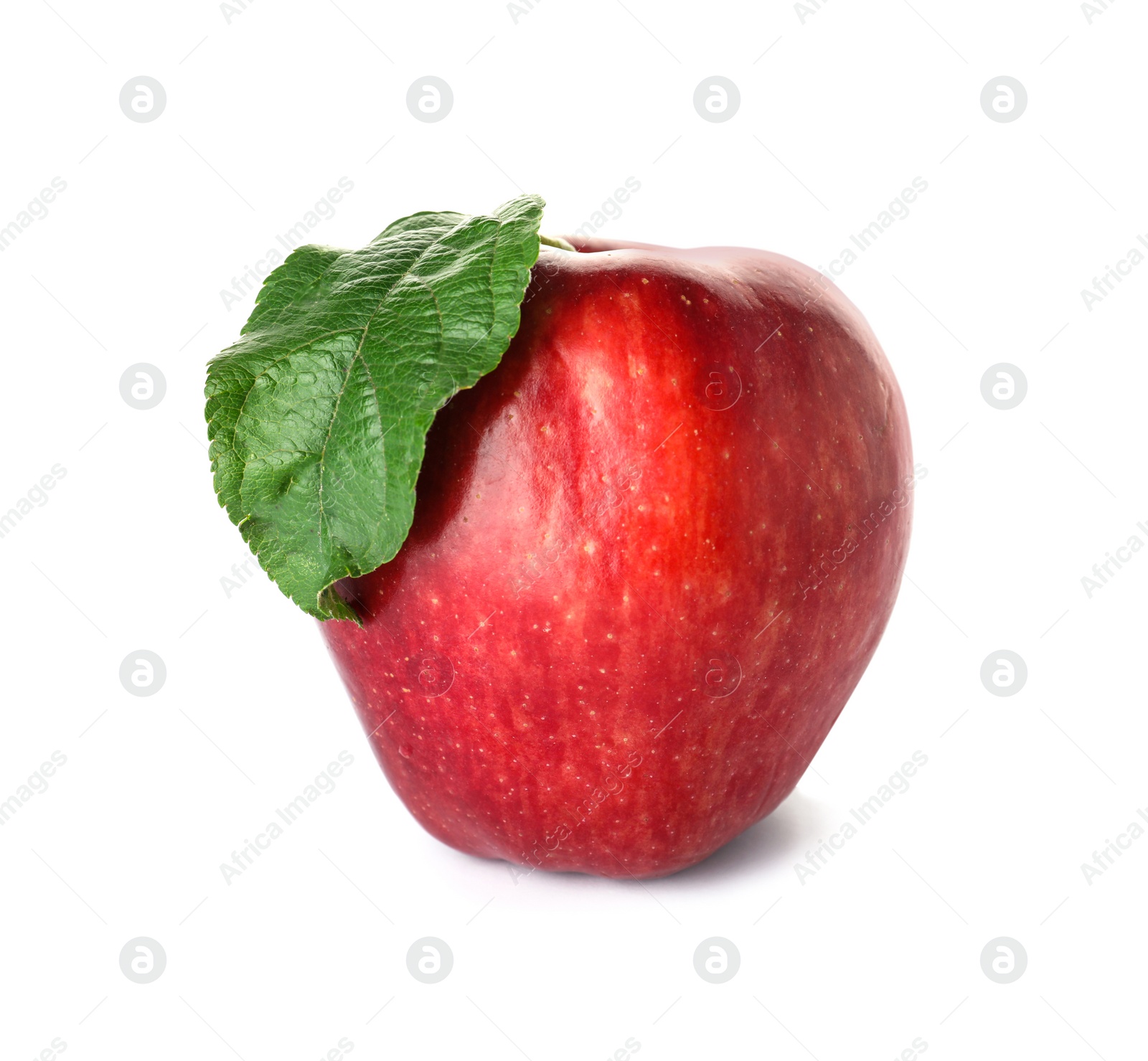 Photo of Juicy red apple with green leaf on white background