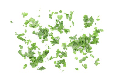 Photo of Chopped parsley leaves isolated on white, top view