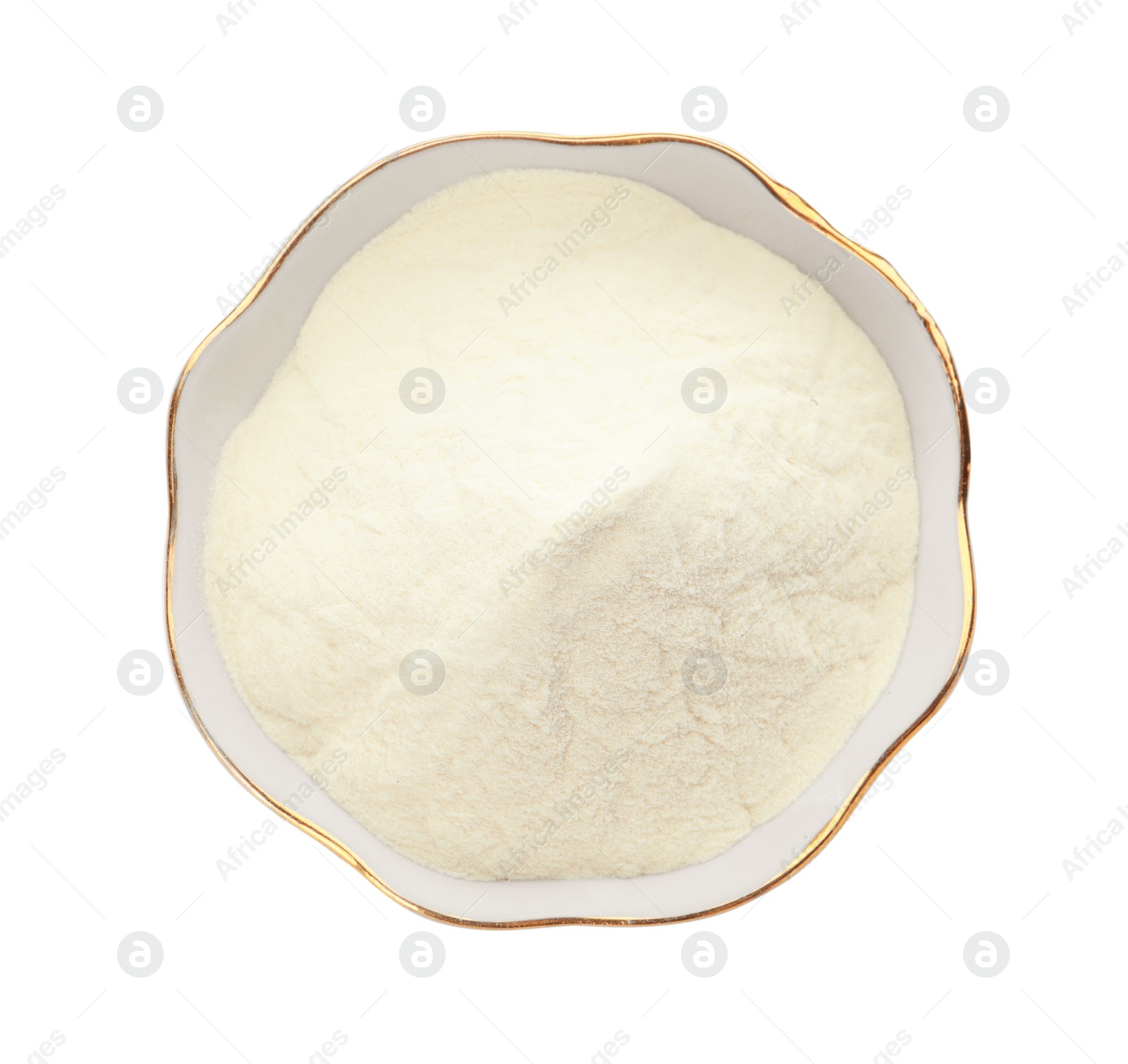 Photo of Bowl of agar-agar powder isolated on white, top view