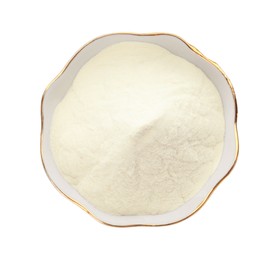 Photo of Bowl of agar-agar powder isolated on white, top view