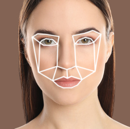 Facial recognition system. Woman with digital biometric grid on dark background