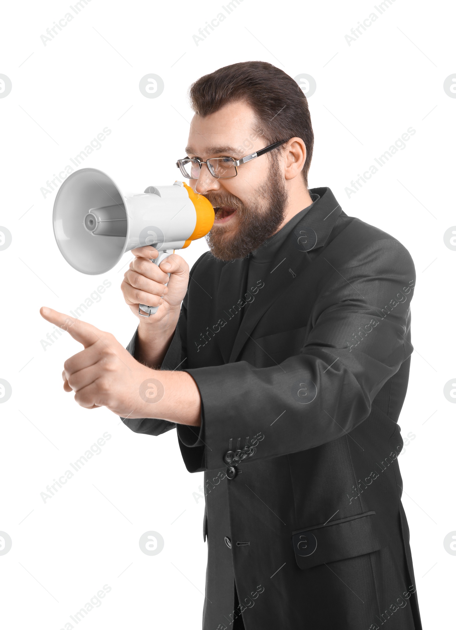 Photo of Young businessman shouting into megaphone on white background