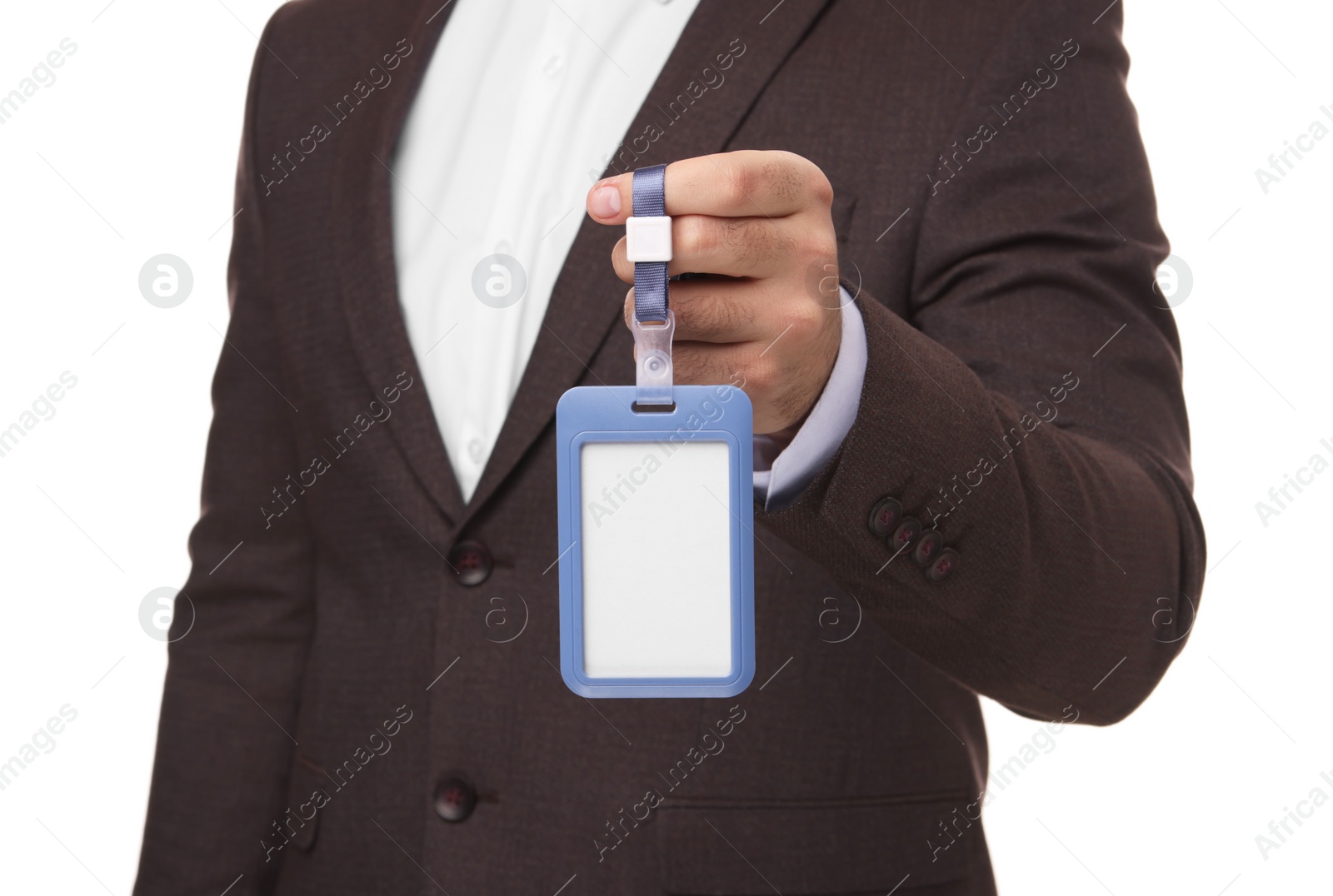 Photo of Man with blank badge isolated on white, closeup