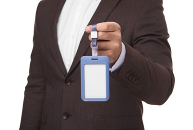 Man with blank badge isolated on white, closeup