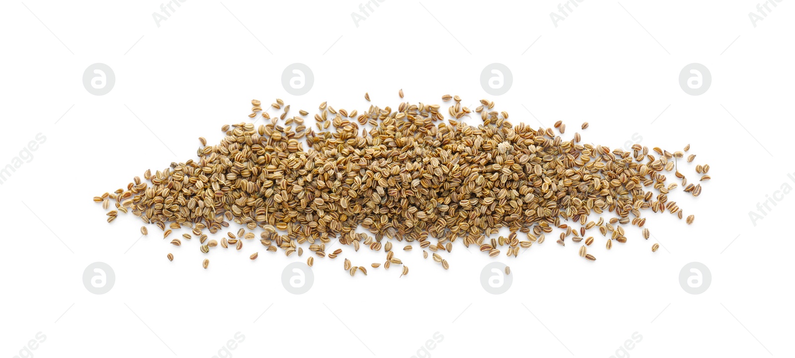 Photo of Pile of celery seeds isolated on white, top view