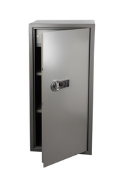 Image of Big steel safe with electronic lock on white background 