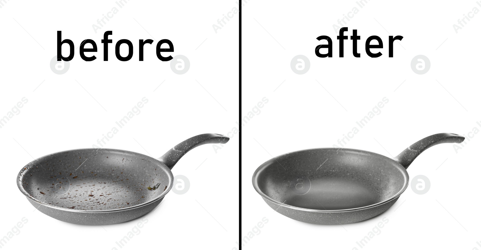 Image of Frying pan before and after cleaning on white background, collage