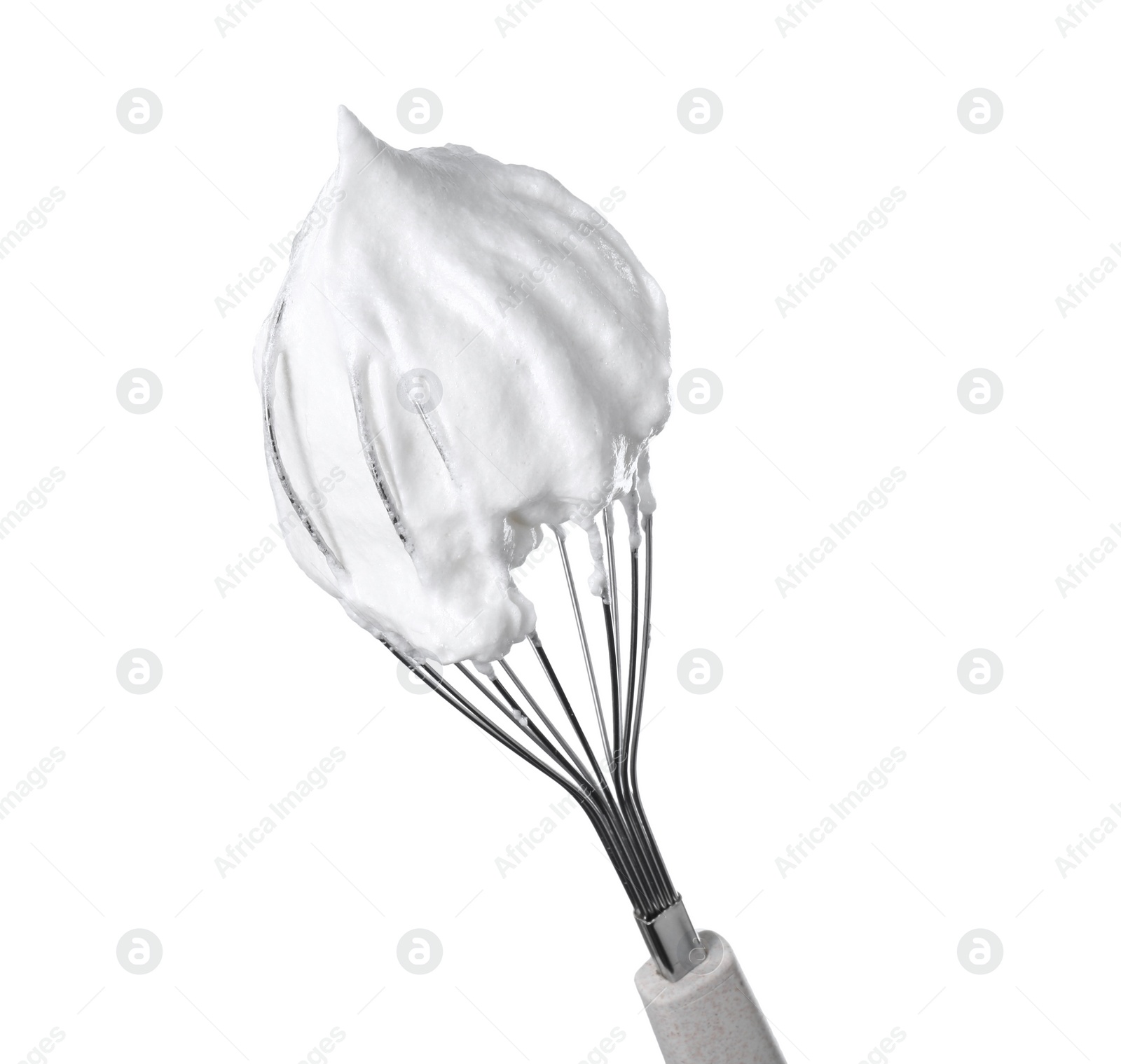 Photo of Whisk with whipped egg whites isolated on white