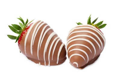 Delicious strawberries covered with chocolate isolated on white