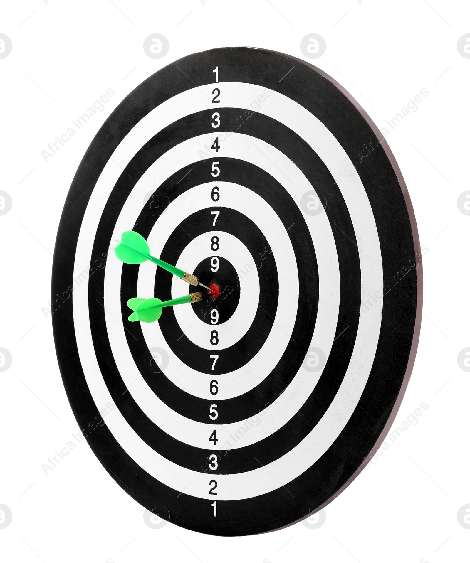 Photo of Green arrows hitting target on dart board against white background