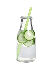 Photo of Bottle of fresh cucumber water on white background