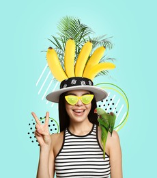 Image of Happy woman with parrot on color background. Summer party concept. Stylish creative design