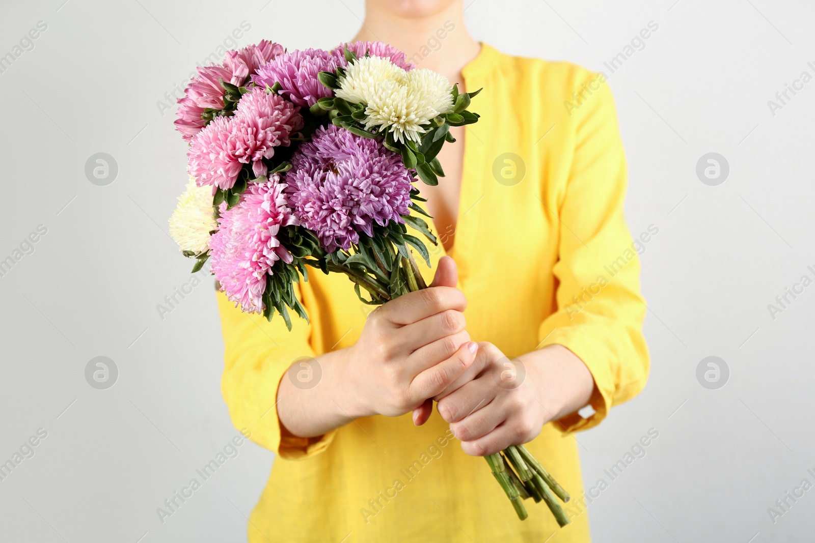 Photo of Woman with bouquet of beautiful asters on light background, closeup. Autumn flowers