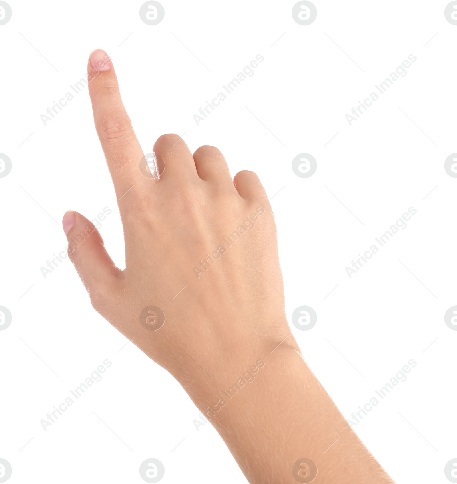 Photo of Abstract young woman's hand on white background