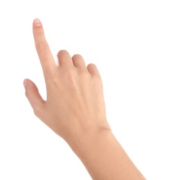 Photo of Abstract young woman's hand on white background