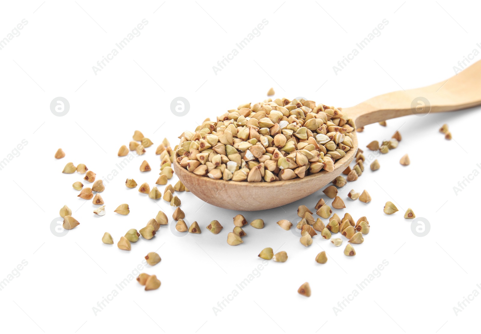 Photo of Uncooked green buckwheat grains in spoon isolated on white