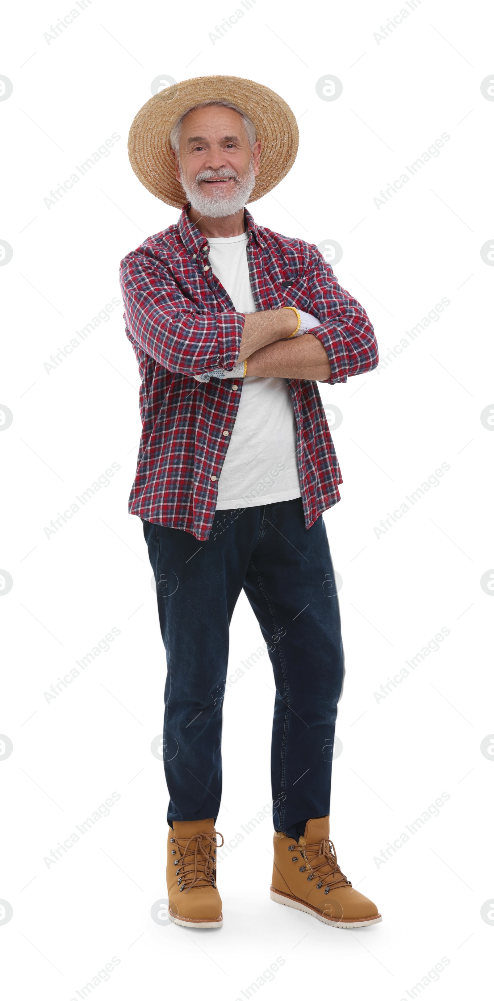 Photo of Harvesting season. Happy farmer with crossed arms on white background