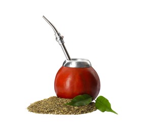 Photo of Calabash with mate tea and bombilla on white background