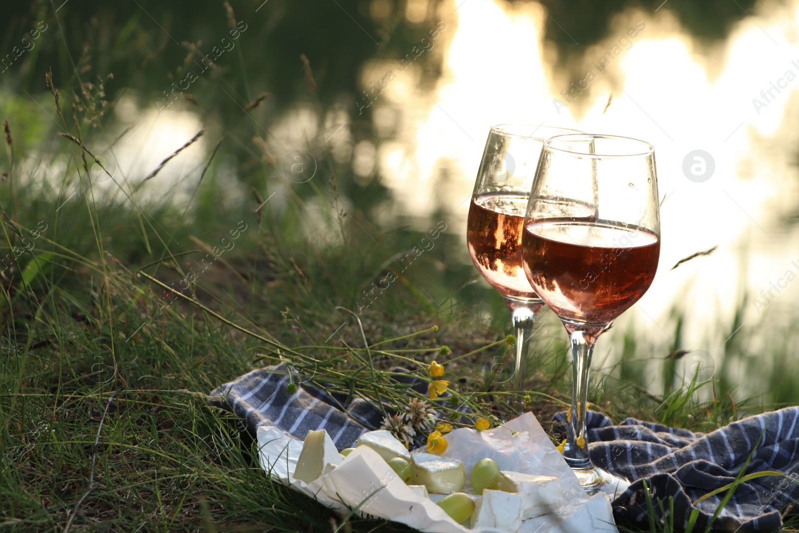 Photo of Glasses of delicious rose wine, cheese and grapes on picnic blanket near lake, space for text