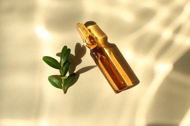 Photo of Skincare ampoule and leaves in sunlight on beige background, top view