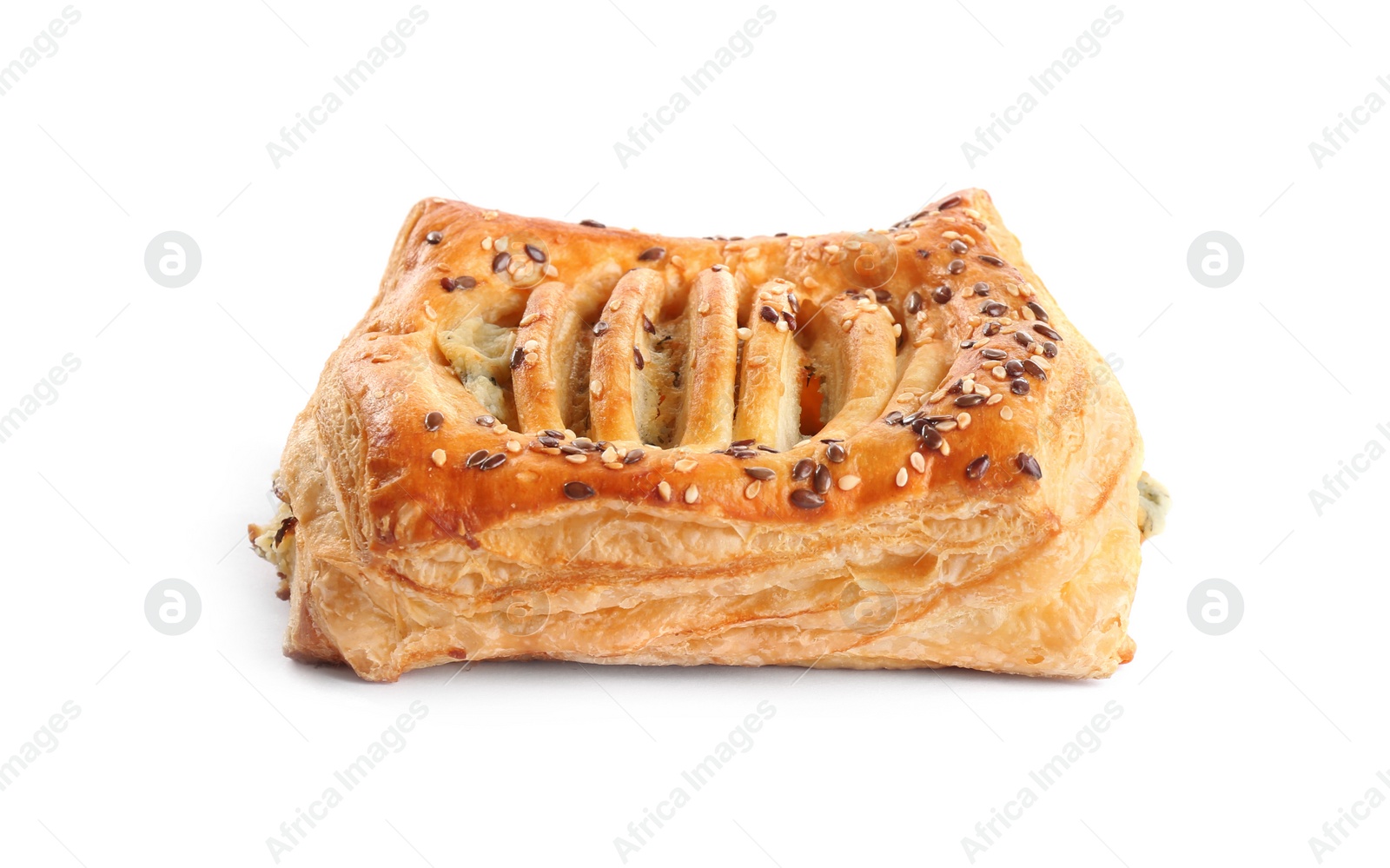 Photo of Fresh tasty puff pastry on white background