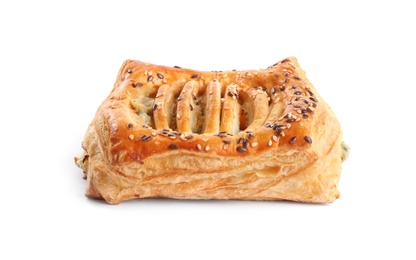 Photo of Fresh tasty puff pastry on white background