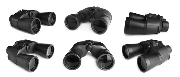 Image of Collage with black binoculars on white background, different sides