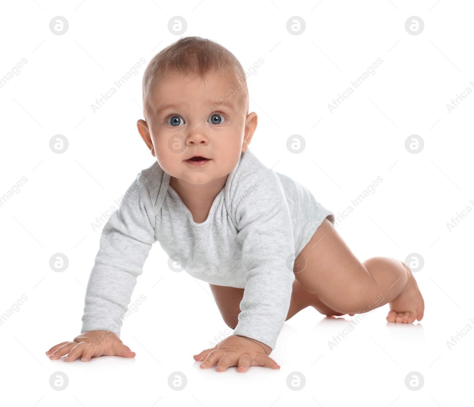 Photo of Cute little baby crawling on white background